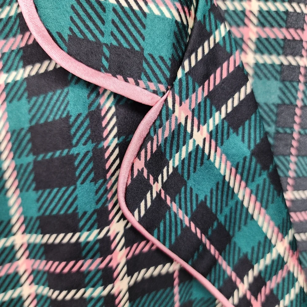 Ann Taylor‎ Sleep ~ Green & Pink Plaid Satin Pajama Set Size Large